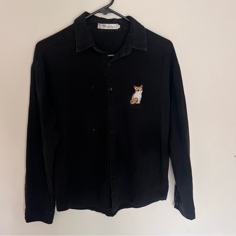 Embroidered Black Button Down w Orange Cat